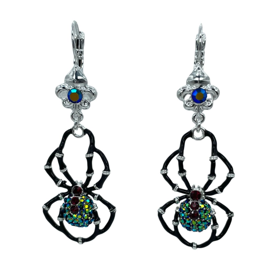 Ritzy Couture Deluxe Halloween Spider Crystal Leverback Earrings Silver Plated
